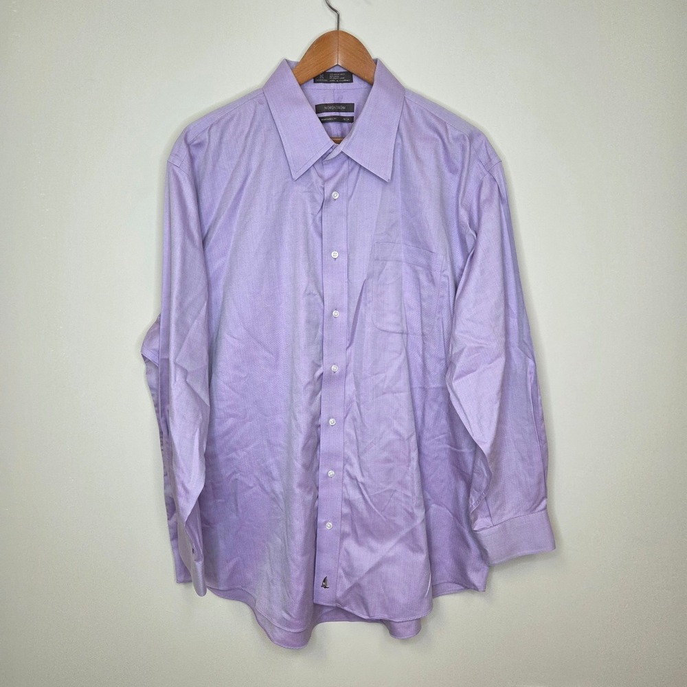 Nordstrom Smartcare Purple Herringbone Dress‎ Shirt Mens 18 34 Traditional Fit